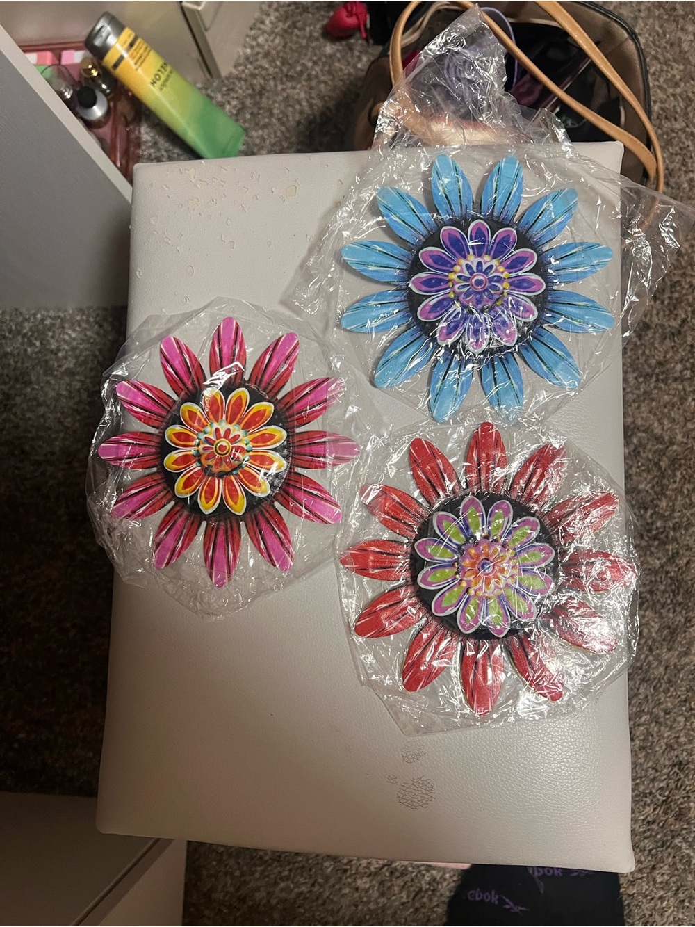 Handcrafted Floral Wall Accents - Set of 3 in Blue, Pink, and Red